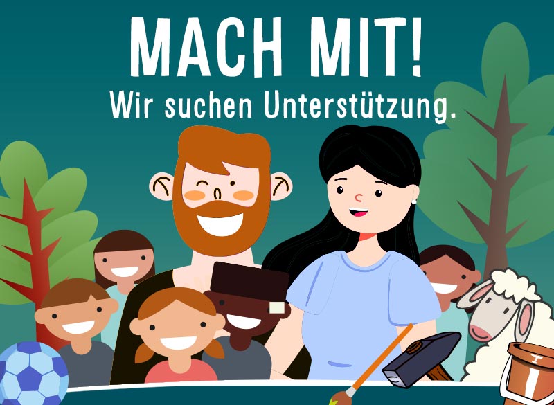 News-Bild Stellenanzeige: Illustration von einem Mann und einer Frau, umgeben von Kindern, Tieren und Natur