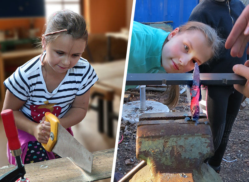 News-Bild Baustelle: Mädchen beim Sägen und beim Schmieden in der Kinderwerkstatt der Jugendfarm