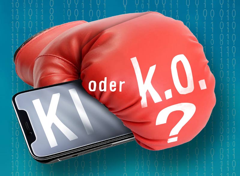 News-Bild Boxhandschuh mit Smartphone, Text KI oder k.o.?